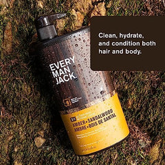 Every Man Jack Amber + Sandalwood Mens 3-in-1 All Over Wash for All Skin and Hair Types - Cleanse, Nourish, and Protect Skin and Hair with Naturally Derived Soy Proteins, Aloe, Glycerin - 2 Bottles