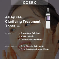 COSRX AHA/BHA Clarifying Treatment Toner, 5.07 fl.oz / 150ml | Exfoliating Facial Spray | Korean Skin Care, Hydrating, Mild Exfoliation, Vegan, Animal Testing Free, Paraben Free