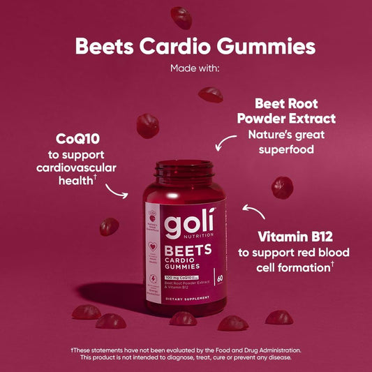 Goli Beets Cardio Gummies - 60 Count - CoQ10 & Beet Root Extract - Gluten-Free, Vegan, Non-GMO, and Gelatin-Free. Nature’s Great Superfood