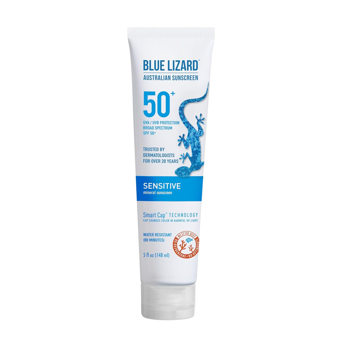 BLUE LIZARD Sensitive Mineral Sunscreen with Zinc Oxide 50+ Water Resistant UVAUVB Protection with Smart Cap Technology Fragrance Free , Sensitve, SPF 50 - - Tube, Unscented, 5 Fl Oz