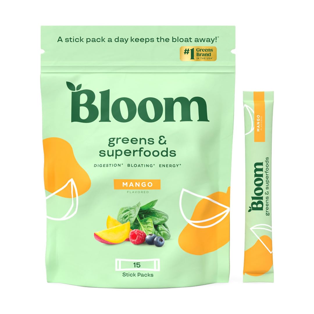 Bloom Nutrition Superfood Greens Powder, Digestive Enzymes with Probiotics and Prebiotics, Gut Health, Bloating Relief for Women, Chlorella, Green Juice Mix with Beet Root Powder, 30 SVG, Mango