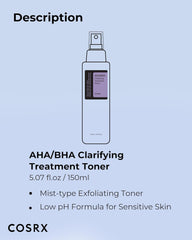 COSRX AHA/BHA Clarifying Treatment Toner, 5.07 fl.oz / 150ml | Exfoliating Facial Spray | Korean Skin Care, Hydrating, Mild Exfoliation, Vegan, Animal Testing Free, Paraben Free