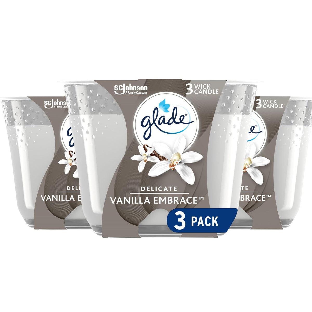 Glade Scented Candle, Delicate Vanilla Embrace, 3-Wick Candle, Air Freshener Infused with Essential Oils for Home Fragrance, 3 Count