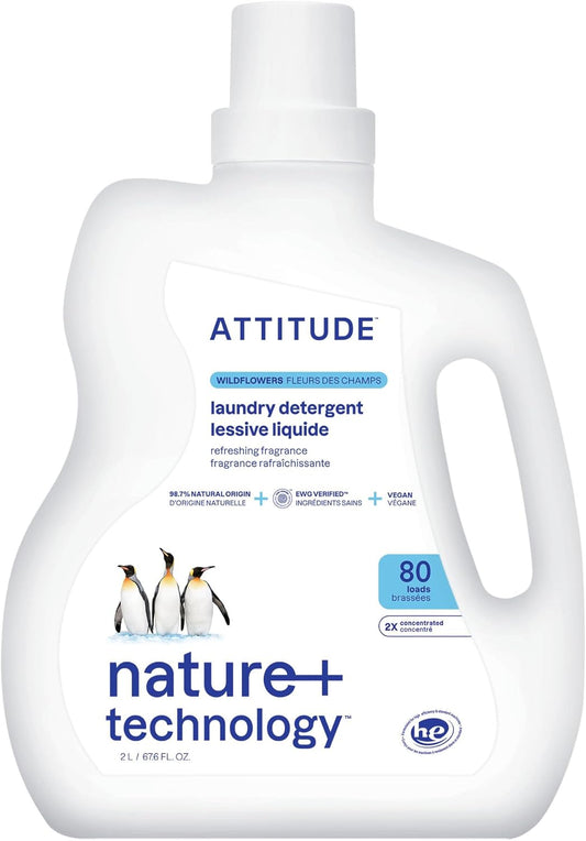 ATTITUDE Liquid Laundry Detergent, EWG Verified Laundry Soap, HE Compatible, Vegan and Plant Based Products, Cruelty-Free, Wildflowers, 80 Loads, 2 Liters