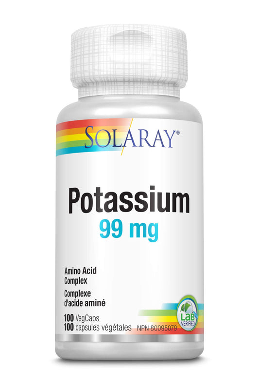 SOLARAY – Potassium, 99mg | Amino Acid Complex | Heart Health & Electrolyte Balance | Dietary Supplement | Vegan, Lab Verified | 100 Vegetarian Capsules