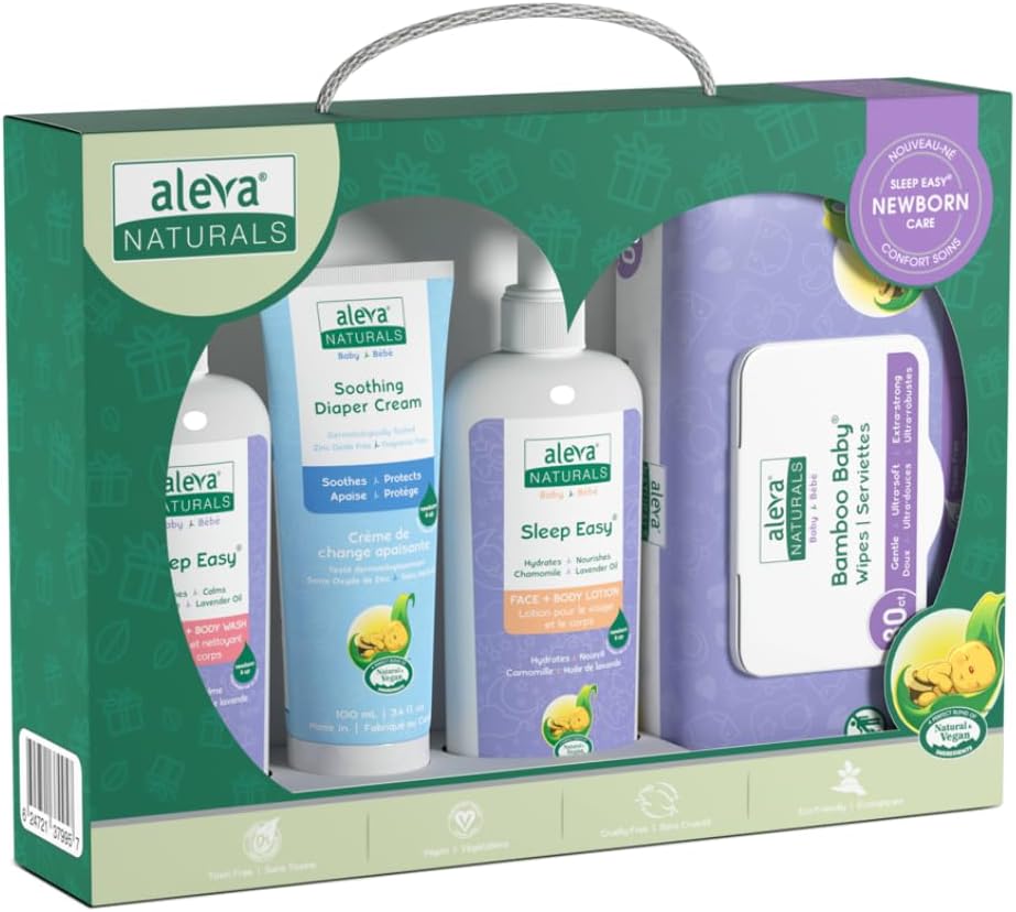 Aleva Naturals Newborn Comfort Care Kit includes: Bamboo Baby Wipes, Sleep Easy Hair & Body Wash, Calming Lotion, Soothing Diaper Cream - Natural, Plant-Based Formula, Hypoallergenic, 4 Piece Set