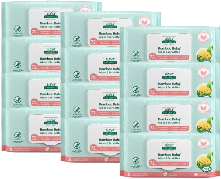 Aleva Naturals Hypoallergenic Bamboo Baby Wipes for babies with Sensitive Skin, Super Soft, Biodegradable, Extra Strong, Natural and Organic Formula, Vegan - New Eco-Friendly, Sustainable Packaging- Mega Pack- 72 Count X 12 = 864 Wipes Total