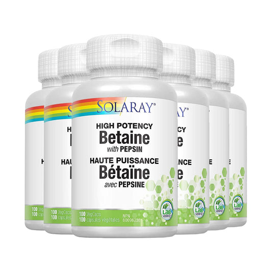 SOLARAY – Betaine HCI with Pepsin, 650mg | High Potency with Pepsin | Digestive Health | Dietary Supplement | Non-GMO, Vegan, Lab Verified | 100 Vegetarian Capsules | 6 - Pack