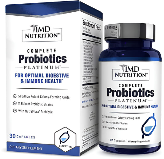 1MD Nutrition Complete Probiotics Platinum Prebiotics and Probiotics for Men & Women - Probiotic Supplement for Digestion w/ More Than 50 Billion Live CFU 11 Strains Dairy-Free - Vegetarian Caps