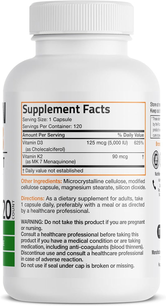 Bronson Vitamin K2 (MK7) with D3 Supplement Non-GMO Formula 5000 IU Vitamin D3 & 90 mcg Vitamin K2 MK-7 Easy to Swallow Vitamin D & K Complex, 120 Capsules.