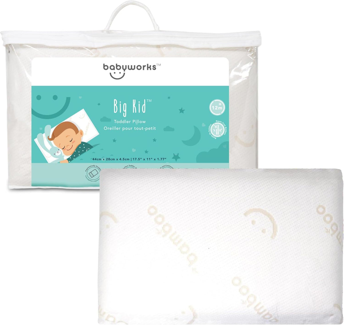 Baby Works - Toddler Pillow With Pillowcase, Soft & Supportive Memory Foam, Chiropractor Recommended, Removable & Machine Washable Cover - 44x28 cm