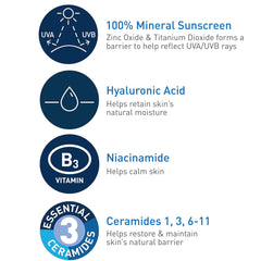 CeraVe 100% Mineral Sunscreen SPF 50 | Face Sunscreen with Zinc Oxide & Titanium Dioxide for Sensitive Skin | With Hyaluronic Acid, Niacinamide, and Ceramides | 2.5 oz