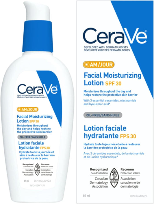 CeraVe Facial Moisturizer with SPF 30. Face Sunscreen Lotion with Hyaluronic Acid, Niacinamide & Ceramides for Women & Men. Oil-free, normal to dry skin. Verified Extended Use Date, Travel Size 89ML