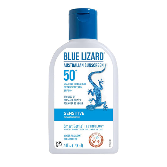 BLUE LIZARD Sensitive Mineral Sunscreen with Zinc Oxide, SPF 50+, Water Resistant, UVA/UVB Protection with Smart Bottle Technology - Fragrance Free, 5 oz