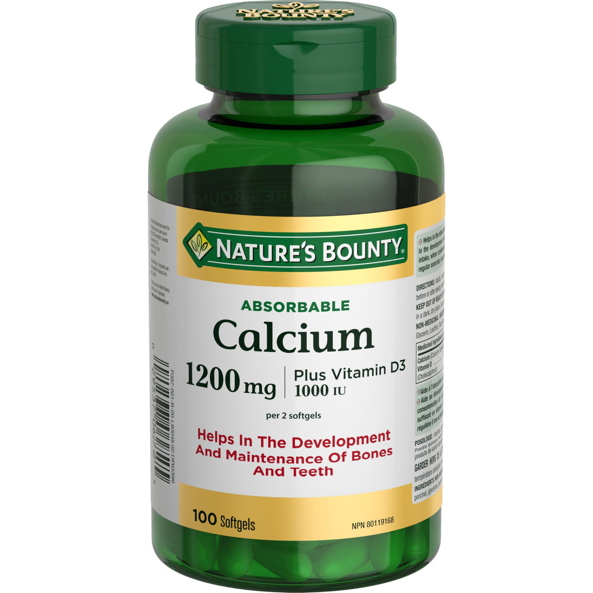 Nature's Bounty Calcium Pills plus Vitamin D3 1200mg Supplement, Helps maintain bones, Multi-colored, 100 Count (Pack of 1)