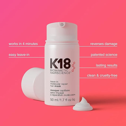 K18 Leave-In Molecular Repair Hair Mask Treatment to Repair Damaged Hair - 4 Minutes to Reverse Damage from Bleach + Color, Chemical Services, Heat 50 ml