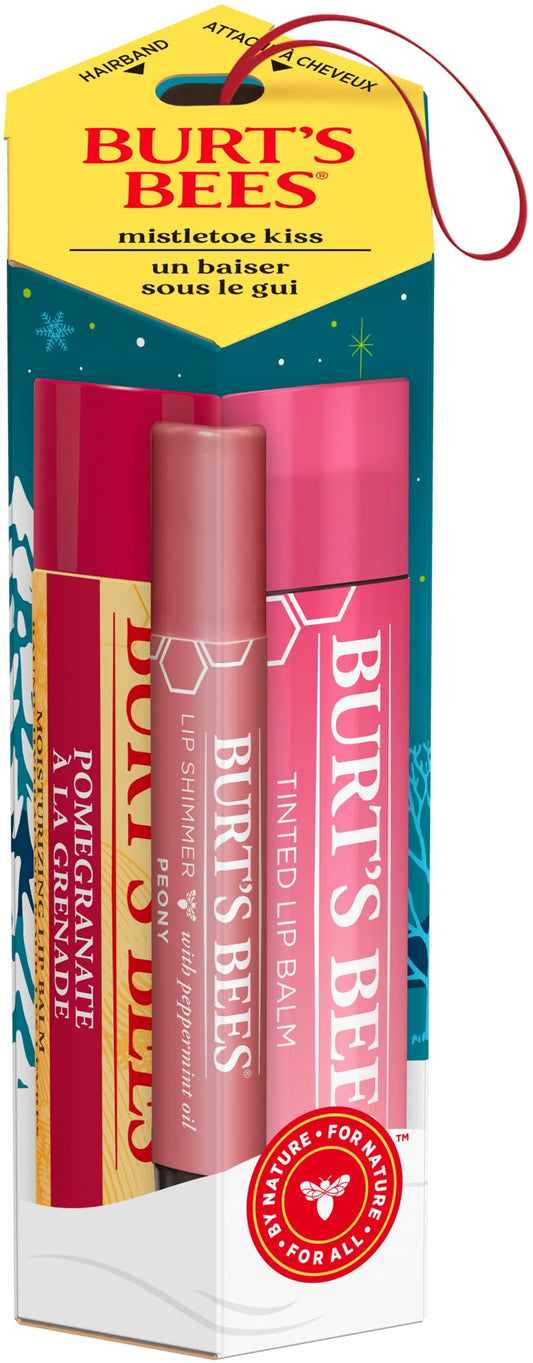 Burt's Bees Mistletoe Kiss Set, 3 Lip Products, Pomegranate Moisturizing Lip Balm, Peony Lip Shimmer and Hibiscus Tinted Lip Balm, 3 Assorted Products, Christmas Gifts, Stocking Stuffer