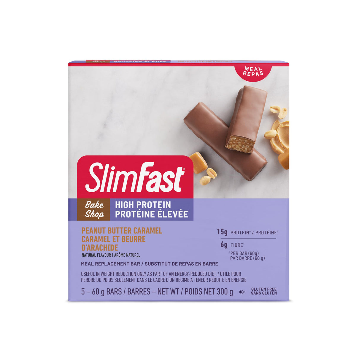 SlimFast Protein bar - Bake Shop High Protein Bar: 15g of Protein + 6g of Fiber - Peanut Butter Caramel - pack of 5, 60g per bar [300g]