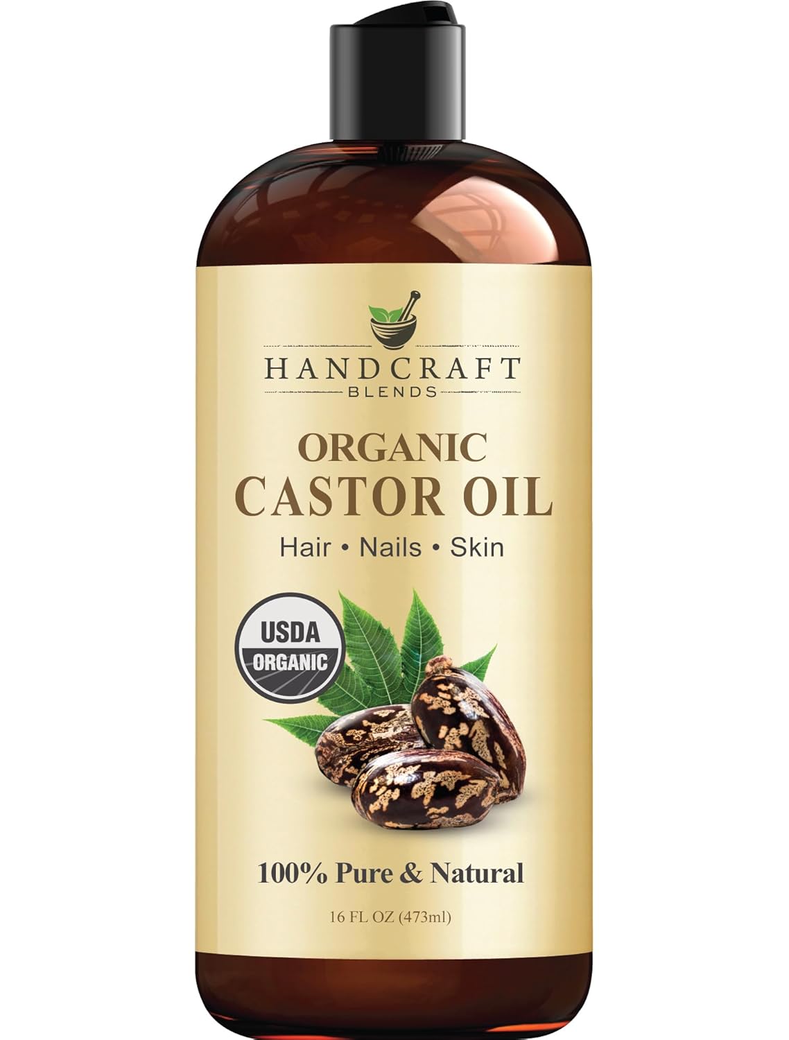 Handcraft Organic Castor Oil for Hair Growth, Eyelashes and Eyebrows - 100% Pure and Natural Carrier Body Oil for Aromatherapy,Moisturizing, Massage - 16 fl. Oz