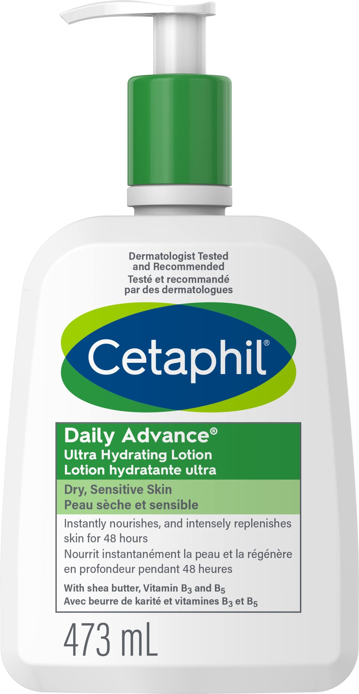 Cetaphil Daily Advance Lotion, Hydrating Body Lotion with Shea Butter for Dry & Sensitive Skin, Provides 48-Hr Hydration, Fragrance Free, Non-Greasy, Non-Comedogenic, Dermatologist Recommended, 473 ml