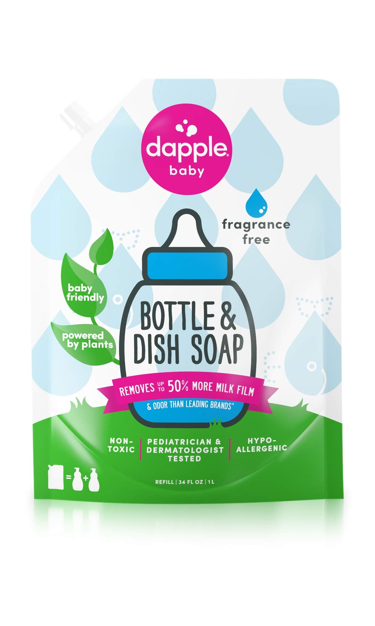 Dapple Baby - Bottle & Dish Soap Eco Refill, Plant Based Bottle Cleaner, Baby Safe Liquid Dish Soap, Fragrance Free Scented - 1 l (Pack of 1)