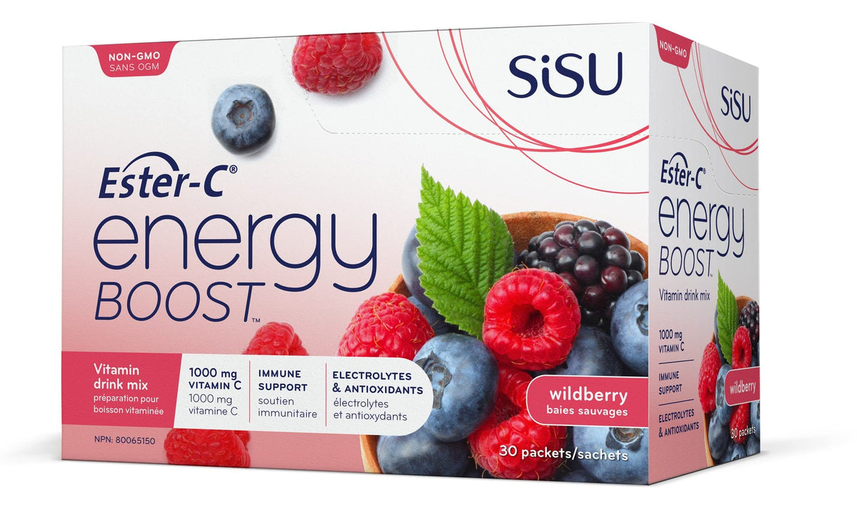 Sisu Energy Boost with Ester-C, Berry, 24-hour Immune Support, Vitamin C Drink Mix with Energizing B Vitamins & Electrolytes, 30 Individual Packets, Vegan, Non-GMO, Gluten, Dairy Free