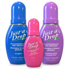 Just'a Drop Toilet Odor Eliminator, Assorted 3-Pack - Includes 15 ml Eucalyptus, 15 ml Refreshing Spring, and 6 ml Floral Oasis - Perfect for Home, Travel, and Pocket Size Use. Just One Drop.