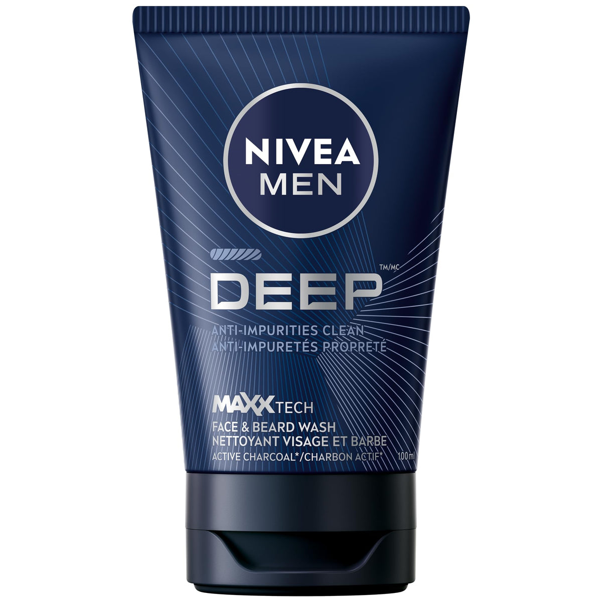 NIVEA MEN Deep Face & Beard Wash, Anti-Impurities Clean Charcoal Face Wash Powered by MAXXTECH with Black Carbon, Deeply Cleanses, Instantly Less Visible Oily Skin, Dark Wood Scent, 100mL