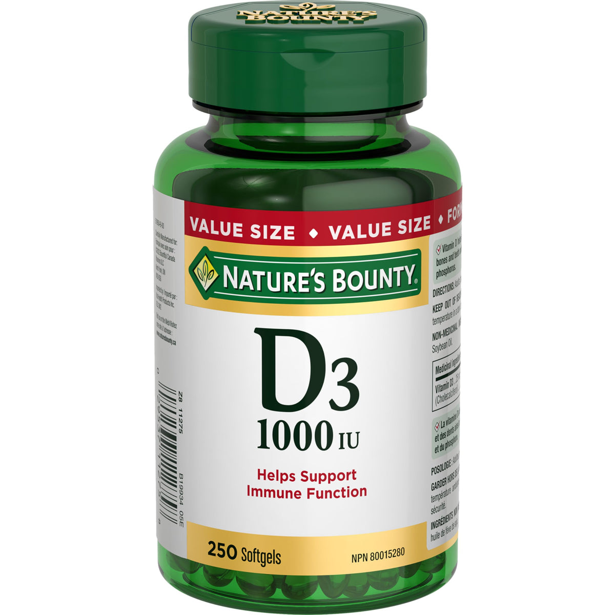 Nature's Bounty Vitamin D3 1000IU Supplement Helps Maintain Immune Function, Bones, and Teeth, 250 Softgels