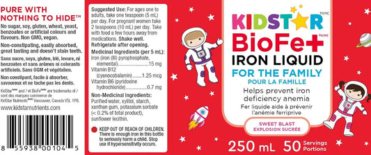 KidStar Nutrients BioFe+ Iron Liquid for the Family, Sweet Blast, 250mL, No Sugar Added