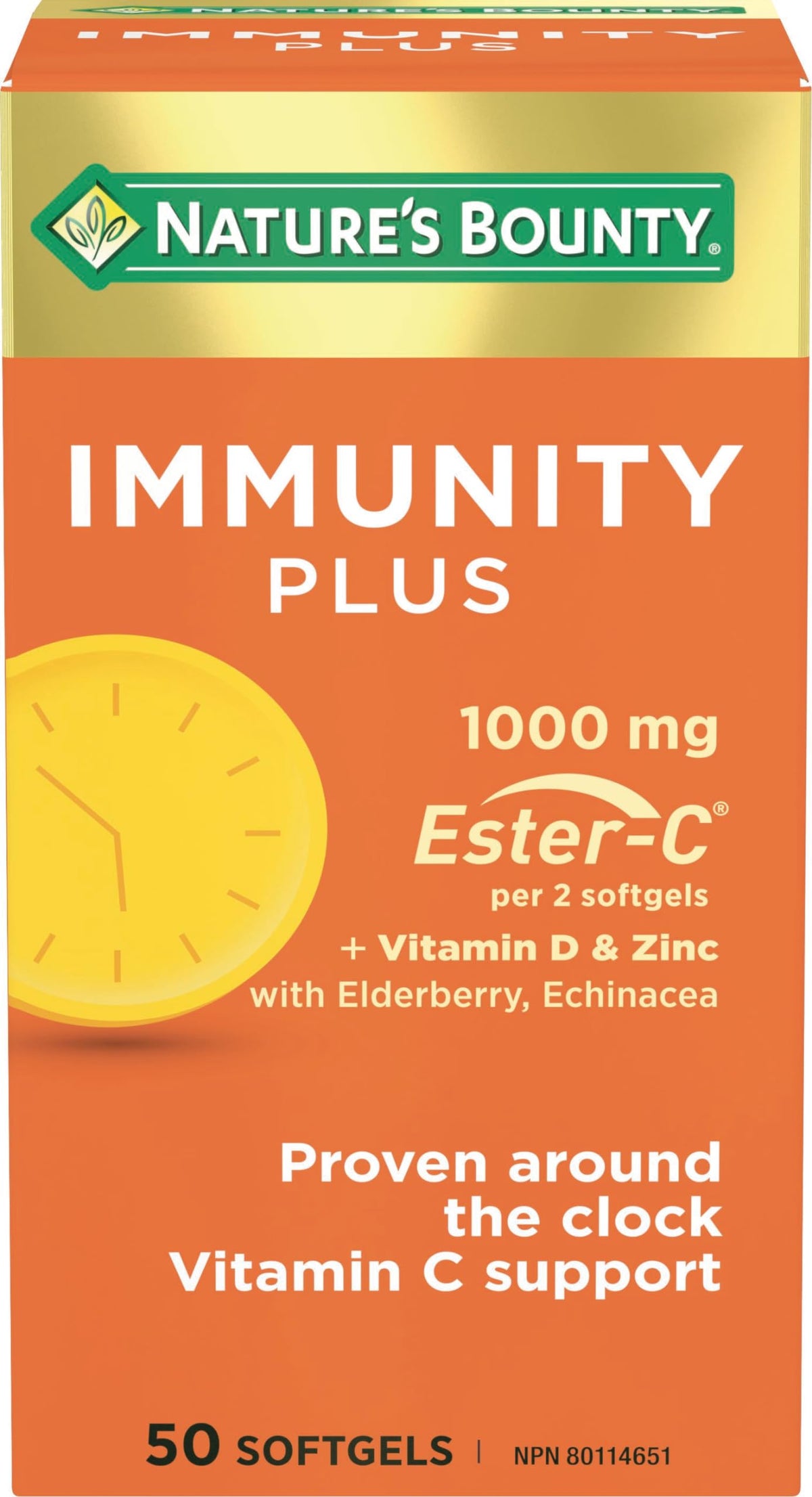 Nature's Bounty Immunity Plus, 1000 mg Ester-C, with Zinc, Elderberry and Echinacea, 50 Softgels, Helps to maintain the immune system