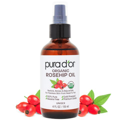 PURA D'OR 4 Oz ORGANIC Rosehip Seed Oil Hair Relaxer 100% Pure Cold Pressed USDA Certified All Natural For Anti-Aging, Scar Treatment, Face, Hair Relaxer & Skin Moisturizer - Women & Men