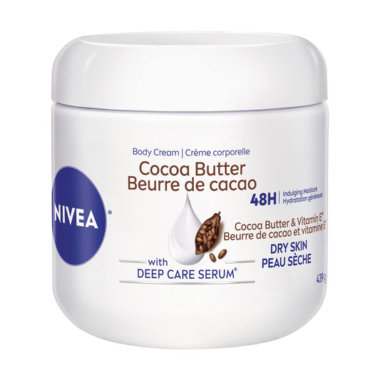 NIVEA Cocoa Butter Body Cream for Dry Skin, 48-Hour Moisturizing Body Butter, Fast-Absorbing, Non-Greasy Daily Body Moisturizer With Vitamin E and Cocoa Butter, Instant Dryness Relief, 439g