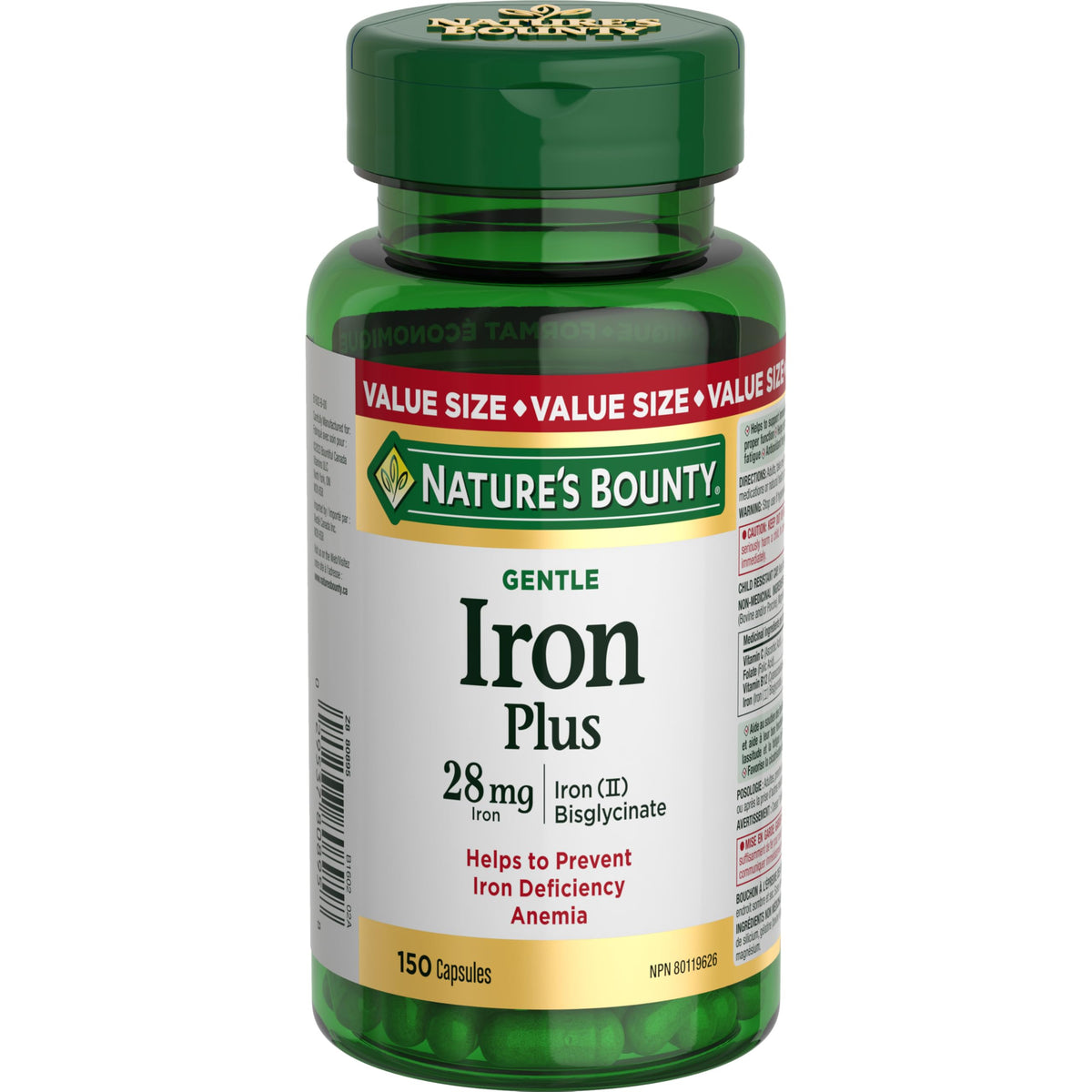 Nature's Bounty Gentle Iron Plus, Helps Prevent Iron Deficiency Anemia, 28 Mg, 150 Capsules