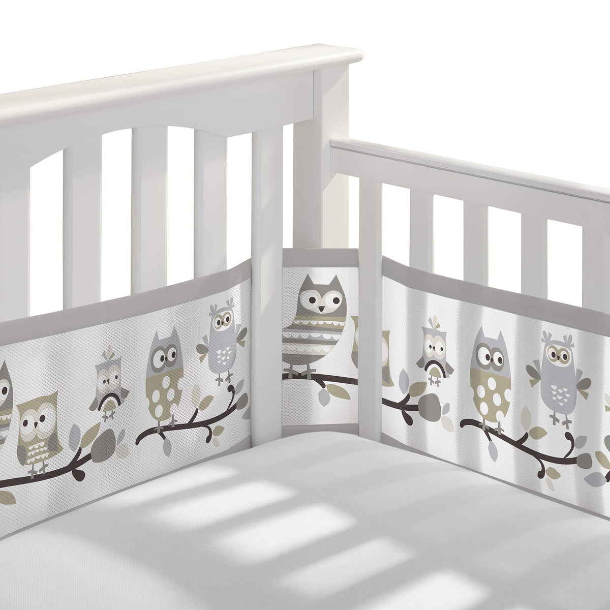 BreathableBaby Breathable Mesh Liner for Full-Size Cribs, Classic 3mm Mesh, Owl Fun Gray (Size 4FS Covers 3 or 4 Sides)