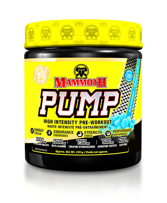 MAMMOTH PUMP – Pre Workout Powder, Superior Muscle Pumps, Increase Strength & Endurance, Explosive Power & Energy Supplement, Heightened Focus, Quick Recovery, Reduced Soreness (30 Serves, Blue Raspberry)