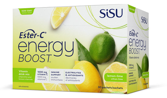 Sisu Energy Boost with Ester-C, Lemon-Lime, 24-hour Immune Support, Vitamin C Drink Mix with Energizing B Vitamins & Electrolytes, 30 Individual Packets, Vegan, Non-GMO, Gluten, Dairy Free