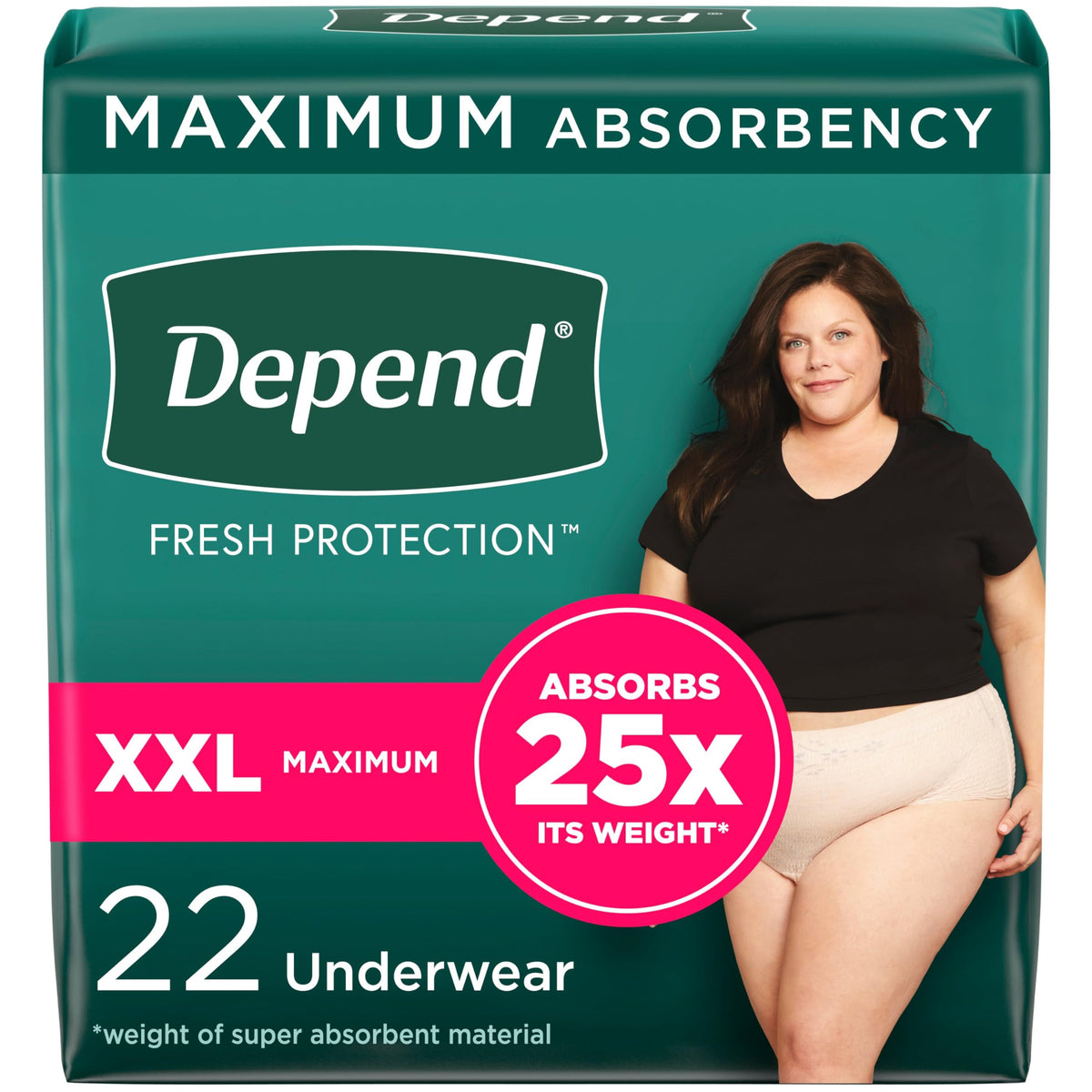 Depend FIT-FLEX Adult Incontinence Underwear for Women, Maximum Absorbency, XXL, Blush, 22 Count