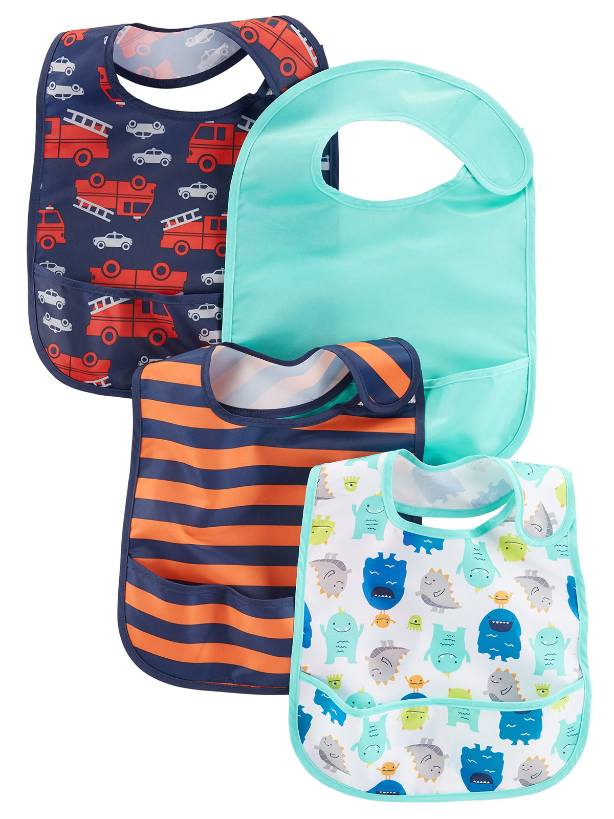 Simple Joys by Carter's Baby Boys' 4-Pack Feeder Bibs, Fire Trucks/Monsters/Stripe, One Size