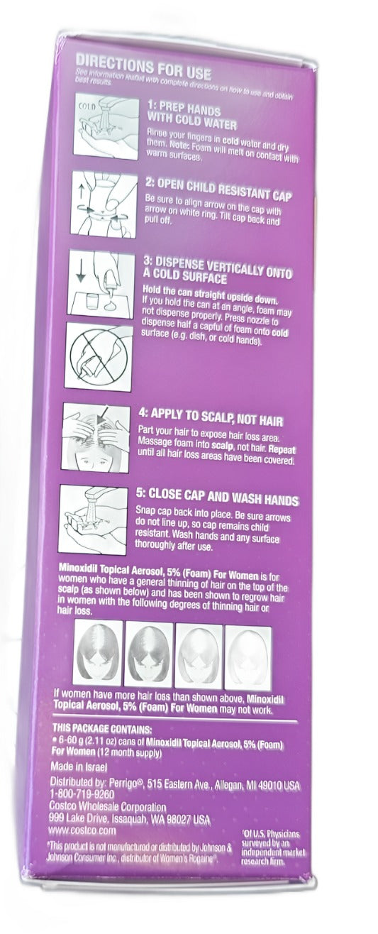 Kirkland Signature Hair Regrowth Treatment 5% Minoxidil Foam For WOMEN, 2.13 Fl. Oz, 6-Pack - 6 Month Supply