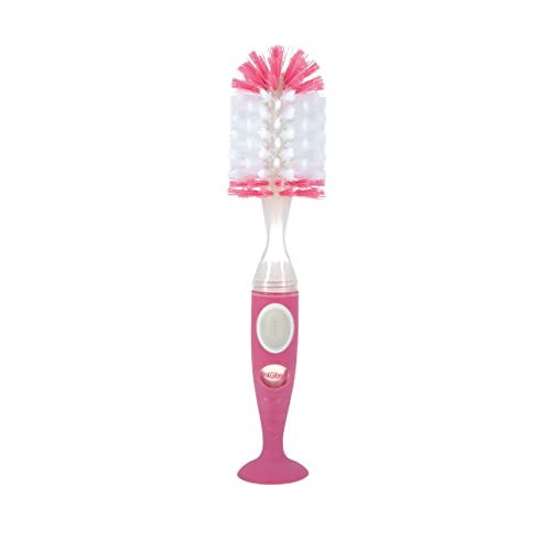 Nuby Easy Clean Dispensing Soft and Durable Bristle Bottle Brush with Textured Handles and Suction Base, 2 in 1 System, Pink