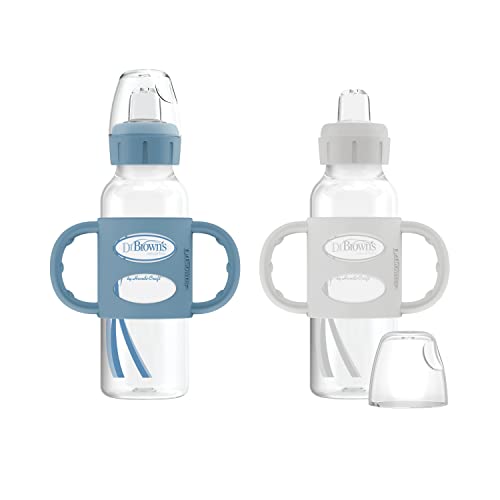 Dr. Brown’s Milestones Narrow Sippy Bottle with 100% Silicone Handles, Easy-Grip Bottle with Soft Sippy Spout, 8oz/250mL, 6m+, Light-Blue and Gray, 2-Pack, BPA free