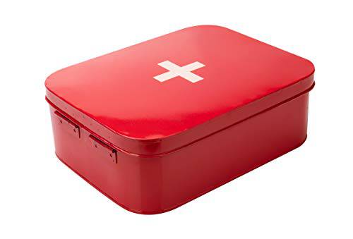 Mind Reader Galvanized Steel Vintage First Aid Storage Box, Wall Mounting Container with Buckle Lock, Organizer for Medical Supplies, Locking Tin, Red, 9.5 x 12.5 x 4.25