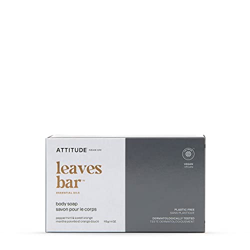 ATTITUDE Plastic-Free Bath and Shower Body Soap Bar, EWG Verified, Plant and Mineral-Based Ingredients, Vegan and Cruelty-free Personal Care Products, Peppermint and Sweet Orange, 113 grams