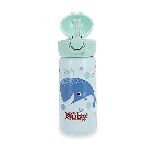 Nuby Thirsty Kids No Spill Flip-It Active Stainless Steel Travel Cup or Water Bottle - 14 Oz - 18+ Months - Mint Whale