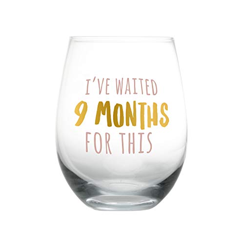 Pearhead I’ve Waited 9 Months for This Stemless Wine Glass, New Mom, Gift for New and Expecting Moms, Pink and Gold, 16 oz