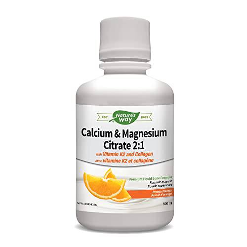 Nature's Way Calcium and Magnesium Citrate 2:1 - Liquid Supplement with Vitamin D3, Vitamin K2 and Collagen – Helps Support the Maintenance of Bones and Teeth – Orange Flavour, 500 mL