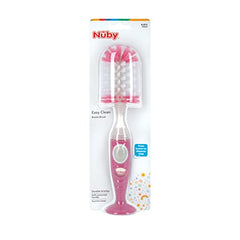 Nuby Easy Clean Dispensing Soft and Durable Bristle Bottle Brush with Textured Handles and Suction Base, 2 in 1 System, Pink