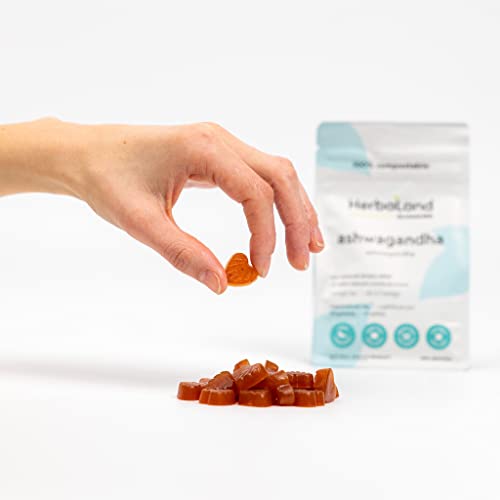 Herbaland Vegan Ashwagandha Gummies - Sugar-Free, Gluten-Free, Contains 100 mg of KSM-66 Ashwagandha per gummy (2.6 g), Supplement for Energy and Stress Relief - Orange Tea Flavor, 60 Count, Compostable Pouch