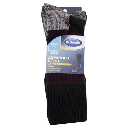 Dr. Scholl's Men's Advanced Relief Blisterguard Socks - 2 & 3 Pair Packs - Non-Binding Cushioned Moisture Management, Black, Red Stripe, 7-12
